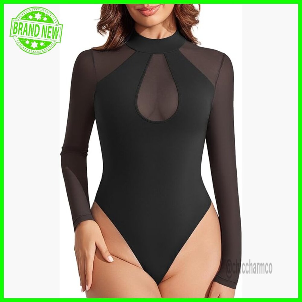 Long Sleeve Mesh Bodysuit Mock Neck Thong Stretch Going Out Top